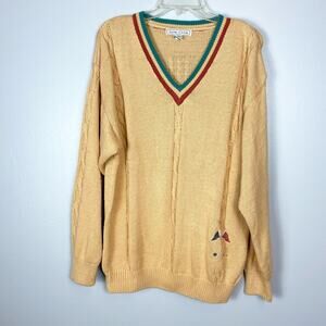 Izod Club Vintage Embroidered V-neck Golf Cable Knit Pullover Sweater size L Tan